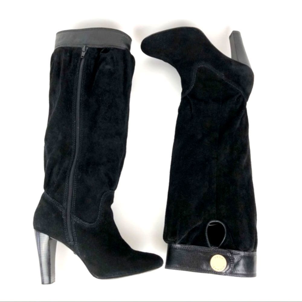 Michael Kors Womens Suede Boots 5.5 Black Zip Knee High Heeled Slouchy Leather